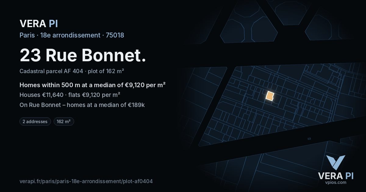 23 Rue Bonnet, 18e arrondissement at night – the plot lit, the parcels around coloured by the prices near them