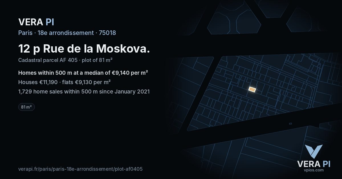 12 p Rue de la Moskova, 18e arrondissement at night – the plot lit, the parcels around coloured by the prices near them