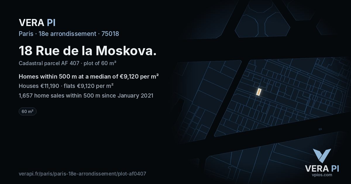 18 Rue de la Moskova, 18e arrondissement at night – the plot lit, the parcels around coloured by the prices near them
