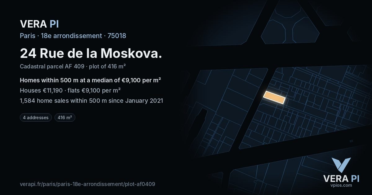 24 Rue de la Moskova, 18e arrondissement at night – the plot lit, the parcels around coloured by the prices near them