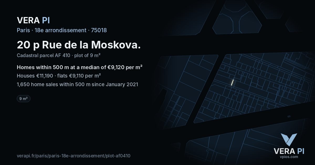 20 p Rue de la Moskova, 18e arrondissement at night – the plot lit, the parcels around coloured by the prices near them