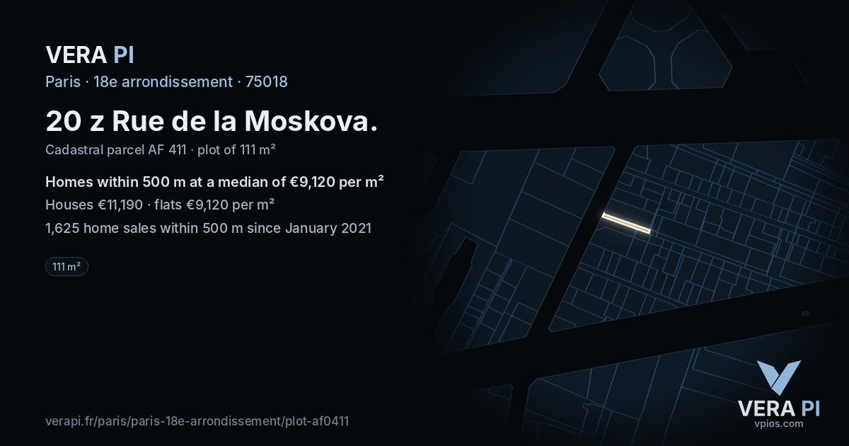 20 z Rue de la Moskova, 18e arrondissement at night – the plot lit, the parcels around coloured by the prices near them