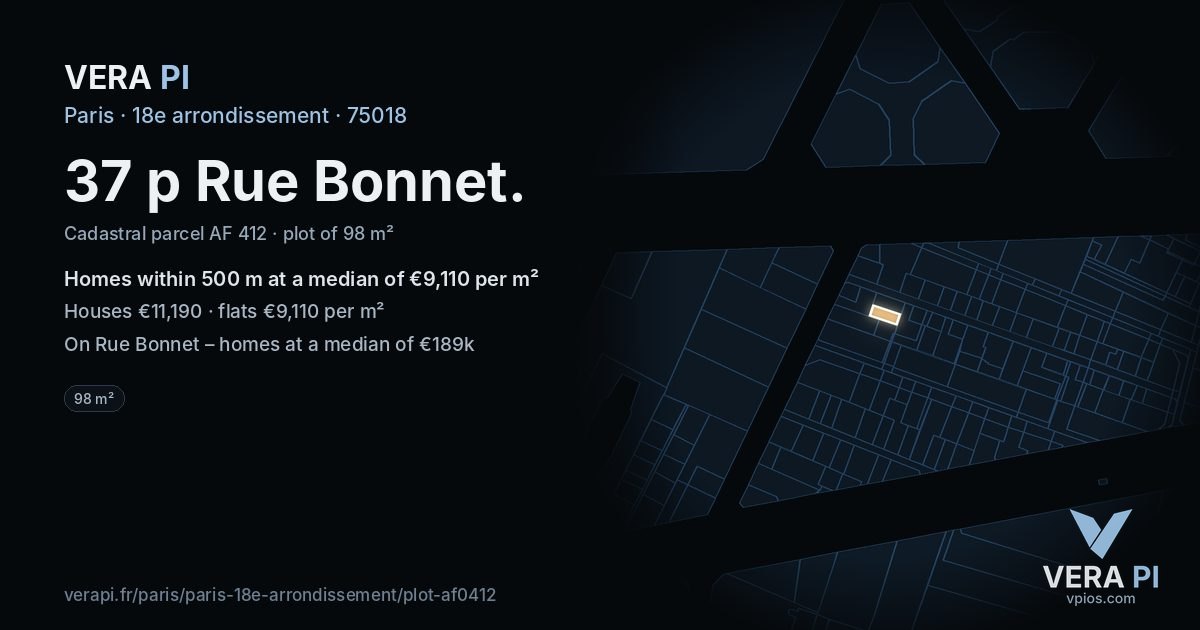 37 p Rue Bonnet, 18e arrondissement at night – the plot lit, the parcels around coloured by the prices near them