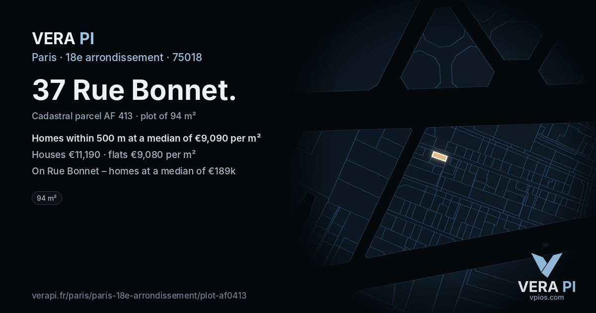 37 Rue Bonnet, 18e arrondissement at night – the plot lit, the parcels around coloured by the prices near them