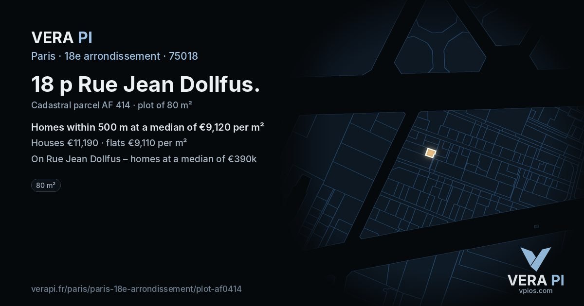 18 p Rue Jean Dollfus, 18e arrondissement at night – the plot lit, the parcels around coloured by the prices near them