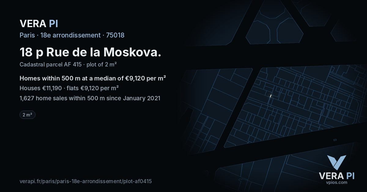 18 p Rue de la Moskova, 18e arrondissement at night – the plot lit, the parcels around coloured by the prices near them
