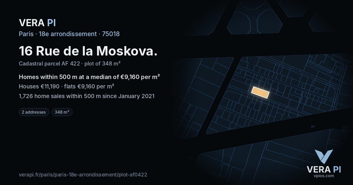 16 Rue de la Moskova, 18e arrondissement at night – the plot lit, the parcels around coloured by the prices near them