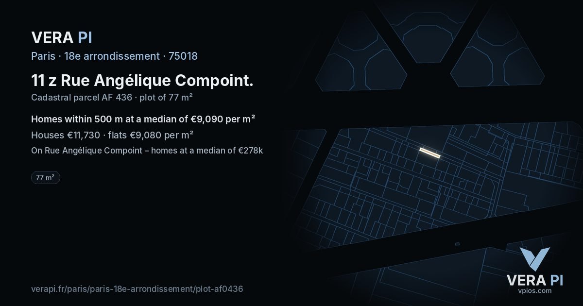 11 z Rue Angélique Compoint, 18e arrondissement at night – the plot lit, the parcels around coloured by the prices near them