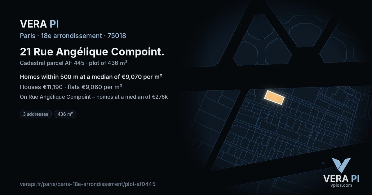 21 Rue Angélique Compoint, 18e arrondissement at night – the plot lit, the parcels around coloured by the prices near them