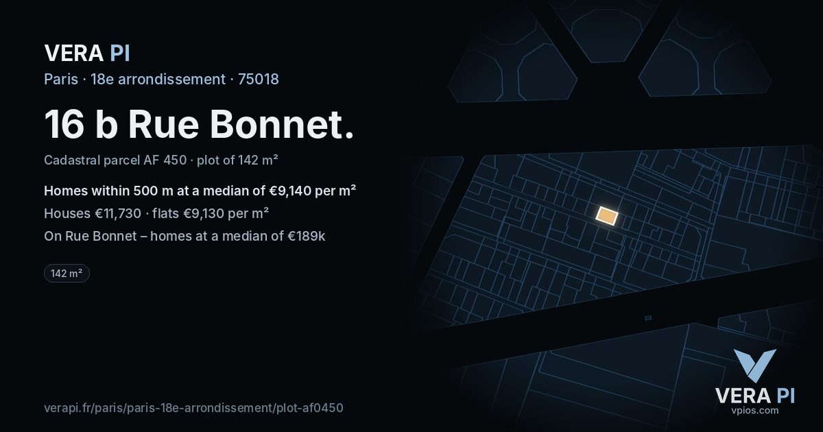 16 b Rue Bonnet, 18e arrondissement at night – the plot lit, the parcels around coloured by the prices near them