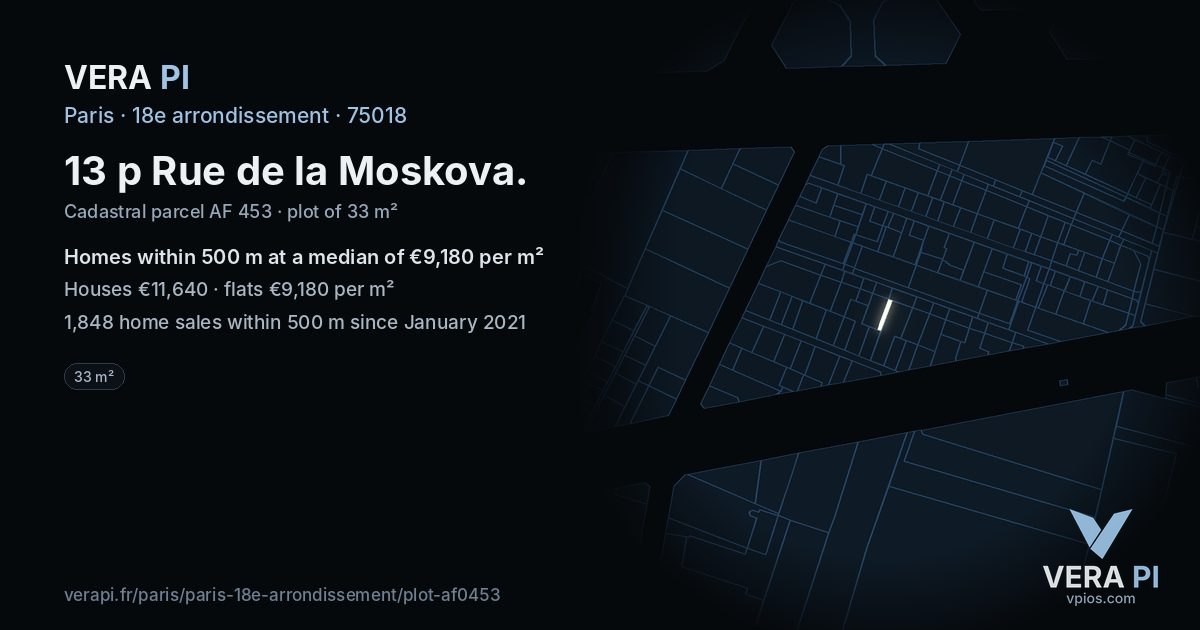 13 p Rue de la Moskova, 18e arrondissement at night – the plot lit, the parcels around coloured by the prices near them