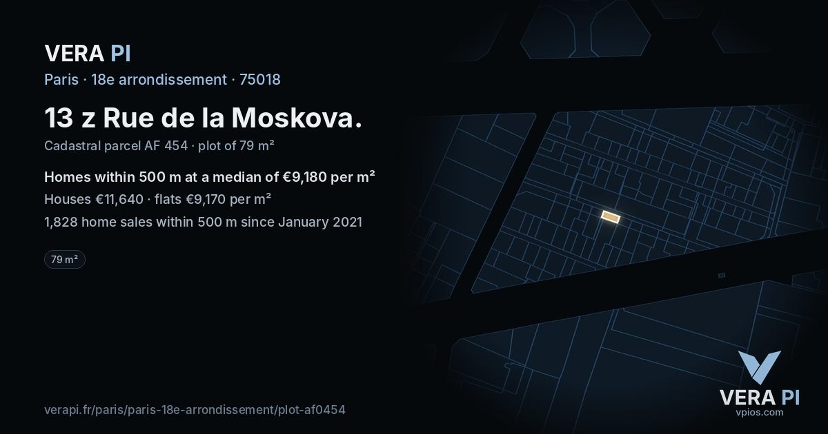 13 z Rue de la Moskova, 18e arrondissement at night – the plot lit, the parcels around coloured by the prices near them