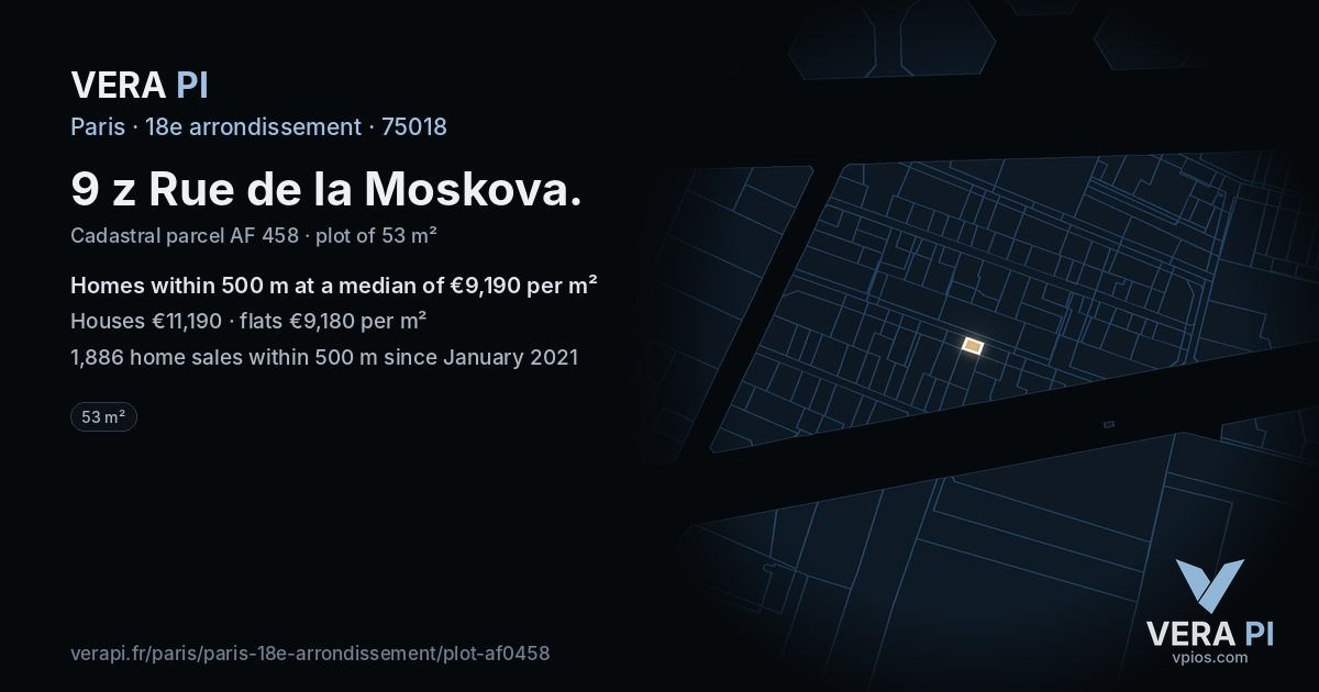 9 z Rue de la Moskova, 18e arrondissement at night – the plot lit, the parcels around coloured by the prices near them