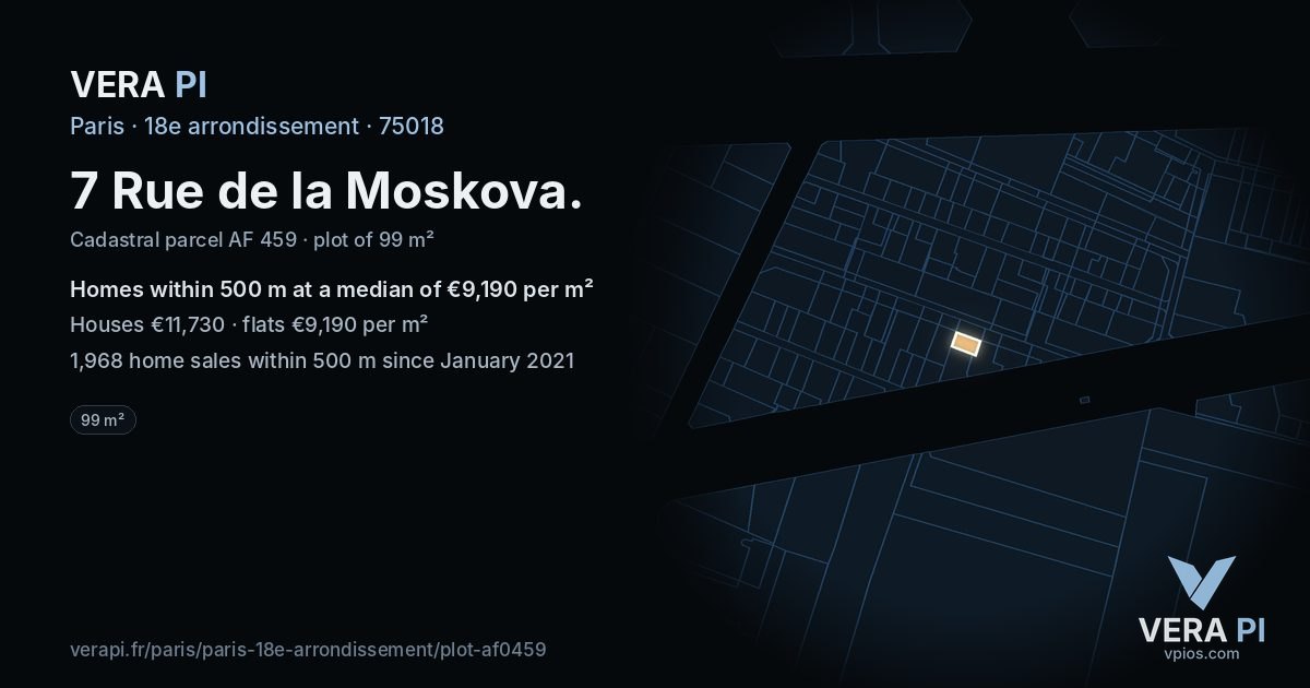 7 Rue de la Moskova, 18e arrondissement at night – the plot lit, the parcels around coloured by the prices near them