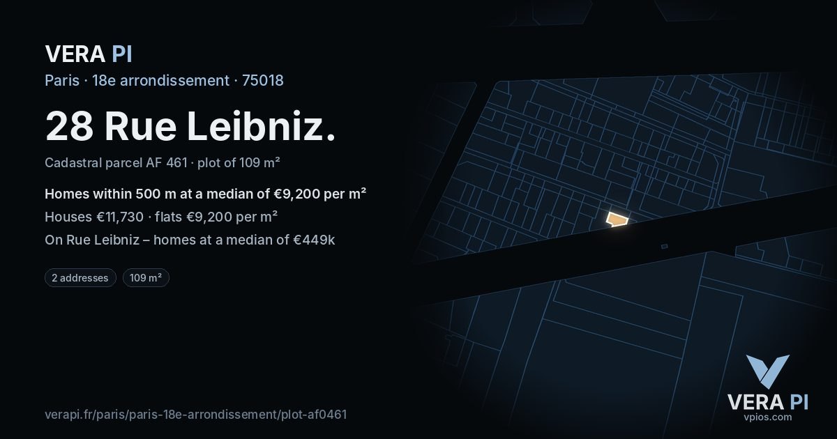 28 Rue Leibniz, 18e arrondissement at night – the plot lit, the parcels around coloured by the prices near them