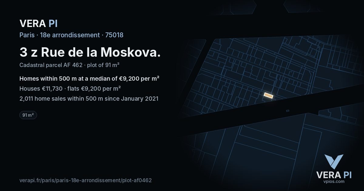 3 z Rue de la Moskova, 18e arrondissement at night – the plot lit, the parcels around coloured by the prices near them