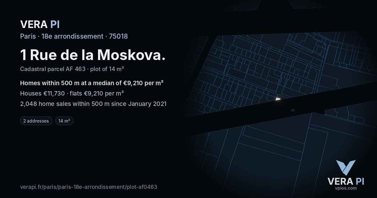 1 Rue de la Moskova, 18e arrondissement at night – the plot lit, the parcels around coloured by the prices near them