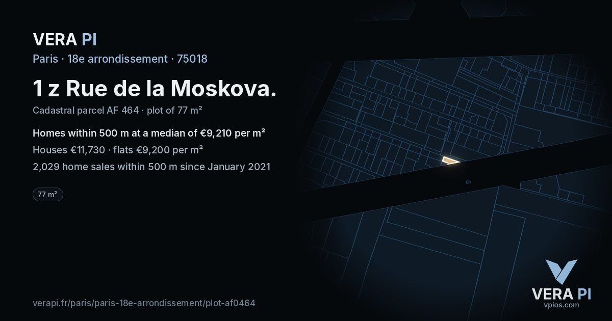 1 z Rue de la Moskova, 18e arrondissement at night – the plot lit, the parcels around coloured by the prices near them