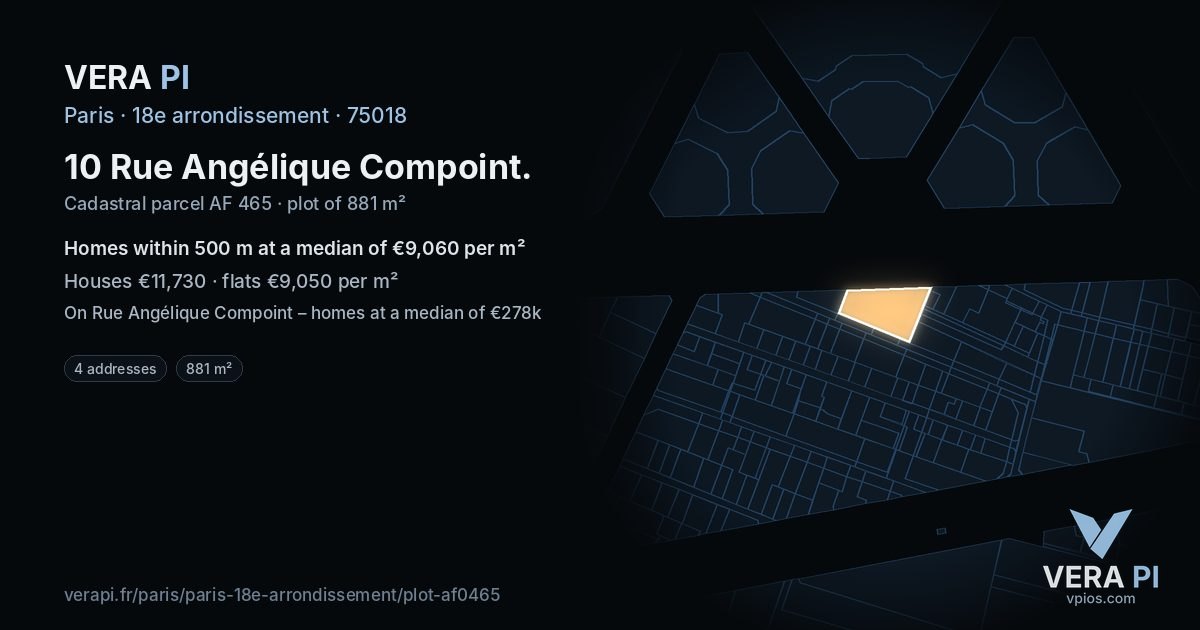 10 Rue Angélique Compoint, 18e arrondissement at night – the plot lit, the parcels around coloured by the prices near them
