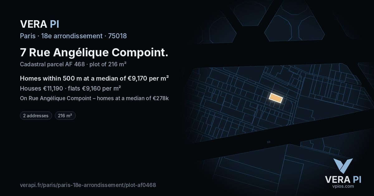 7 Rue Angélique Compoint, 18e arrondissement at night – the plot lit, the parcels around coloured by the prices near them