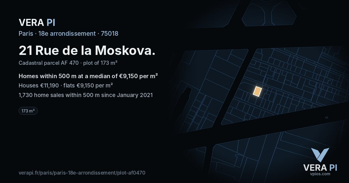 21 Rue de la Moskova, 18e arrondissement at night – the plot lit, the parcels around coloured by the prices near them