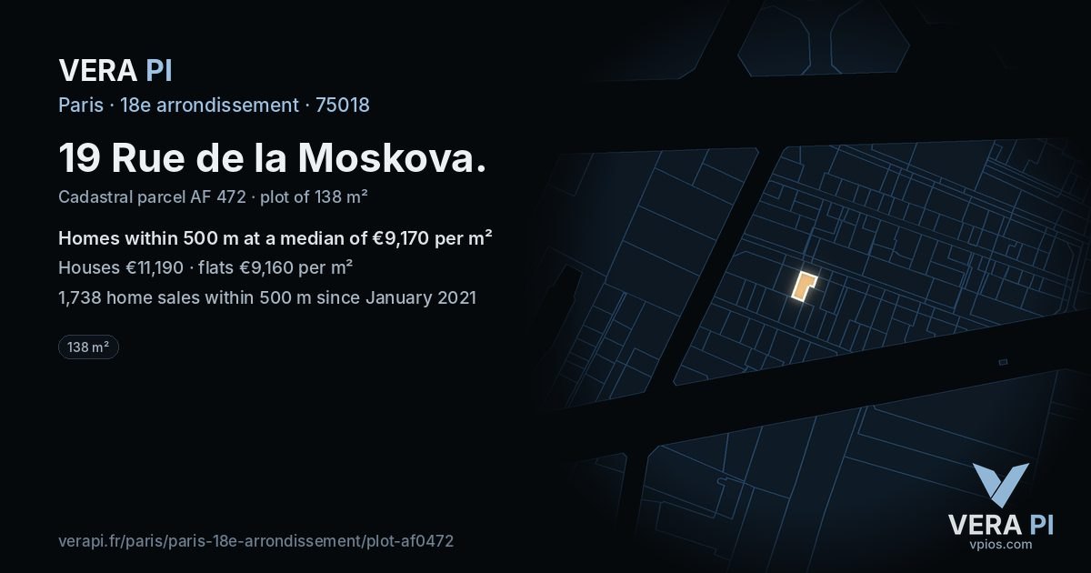 19 Rue de la Moskova, 18e arrondissement at night – the plot lit, the parcels around coloured by the prices near them