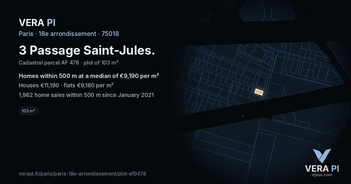 3 Passage Saint-Jules, 18e arrondissement at night – the plot lit, the parcels around coloured by the prices near them
