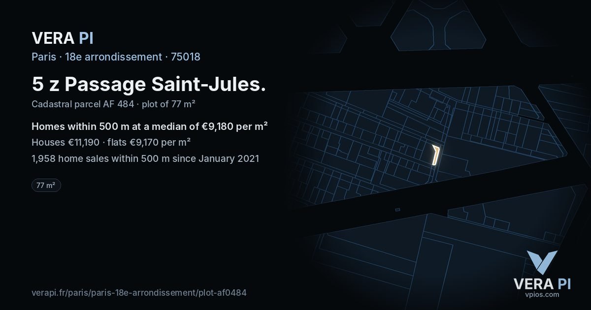 5 z Passage Saint-Jules, 18e arrondissement at night – the plot lit, the parcels around coloured by the prices near them