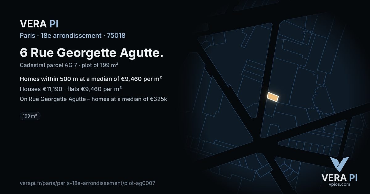 6 Rue Georgette Agutte, 18e arrondissement at night – the plot lit, the parcels around coloured by the prices near them