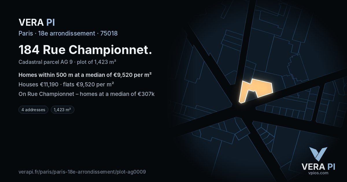 184 Rue Championnet, 18e arrondissement at night – the plot lit, the parcels around coloured by the prices near them