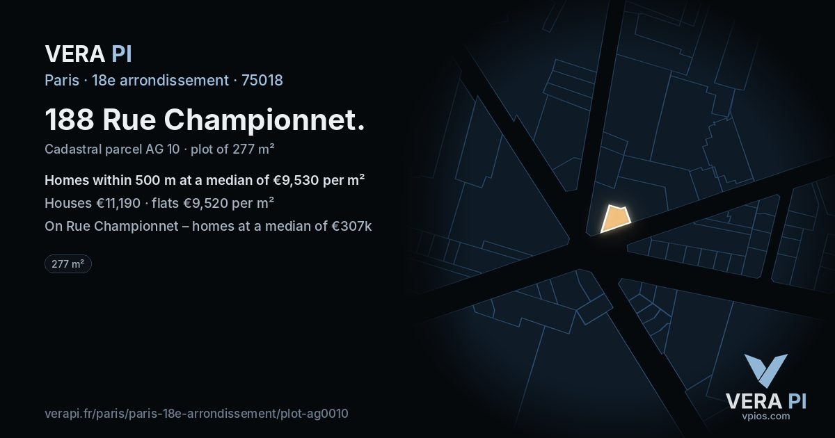 188 Rue Championnet, 18e arrondissement at night – the plot lit, the parcels around coloured by the prices near them