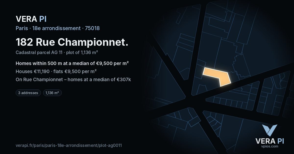 182 Rue Championnet, 18e arrondissement at night – the plot lit, the parcels around coloured by the prices near them