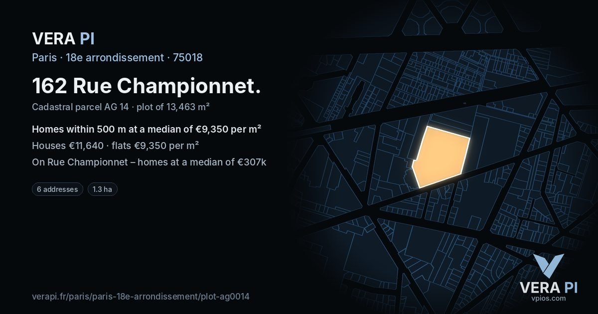 162 Rue Championnet, 18e arrondissement at night – the plot lit, the parcels around coloured by the prices near them