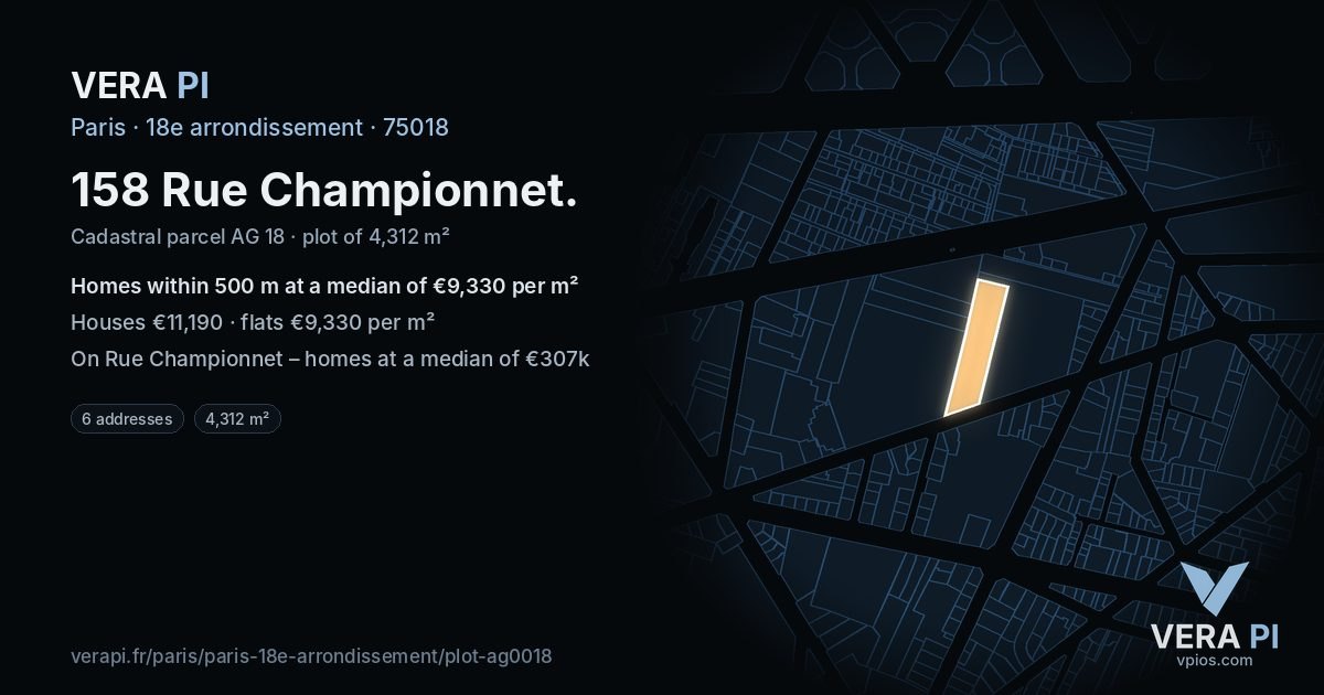 158 Rue Championnet, 18e arrondissement at night – the plot lit, the parcels around coloured by the prices near them