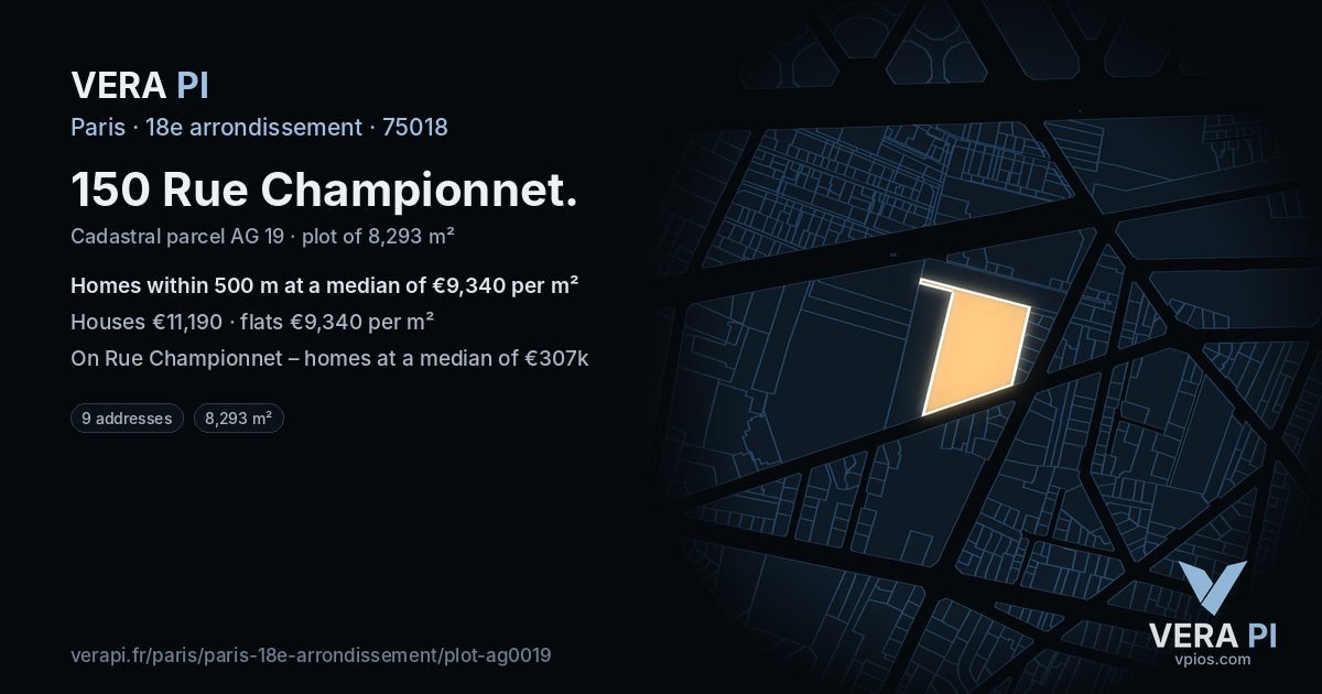 150 Rue Championnet, 18e arrondissement at night – the plot lit, the parcels around coloured by the prices near them