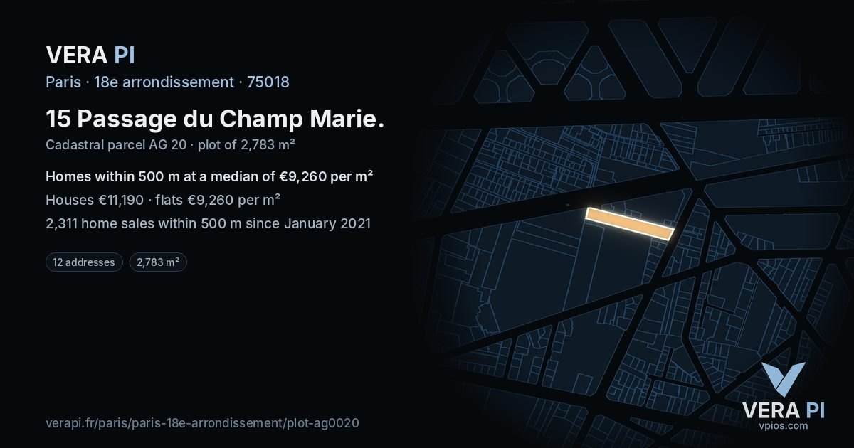 15 Passage du Champ Marie, 18e arrondissement at night – the plot lit, the parcels around coloured by the prices near them