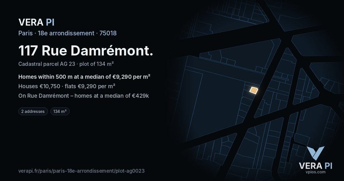 117 Rue Damrémont, 18e arrondissement at night – the plot lit, the parcels around coloured by the prices near them