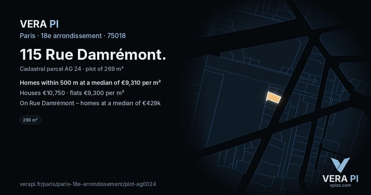 115 Rue Damrémont, 18e arrondissement at night – the plot lit, the parcels around coloured by the prices near them