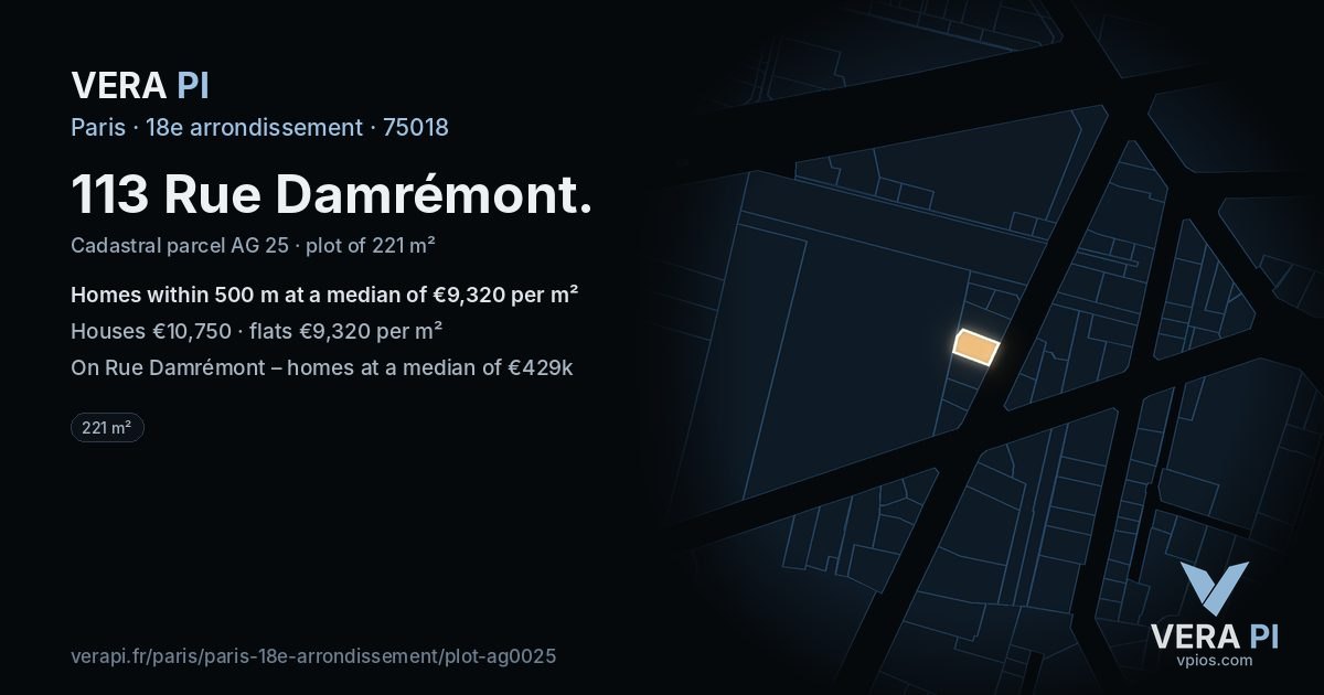 113 Rue Damrémont, 18e arrondissement at night – the plot lit, the parcels around coloured by the prices near them