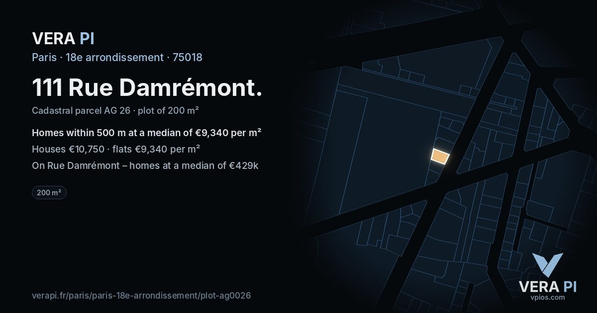 111 Rue Damrémont, 18e arrondissement at night – the plot lit, the parcels around coloured by the prices near them