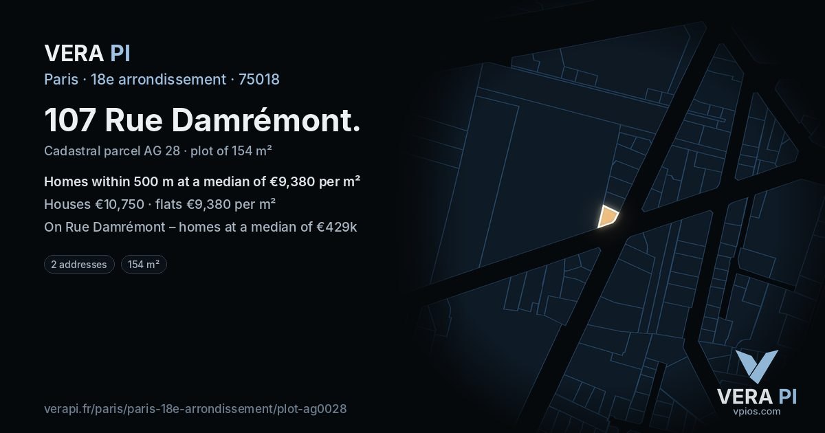 107 Rue Damrémont, 18e arrondissement at night – the plot lit, the parcels around coloured by the prices near them