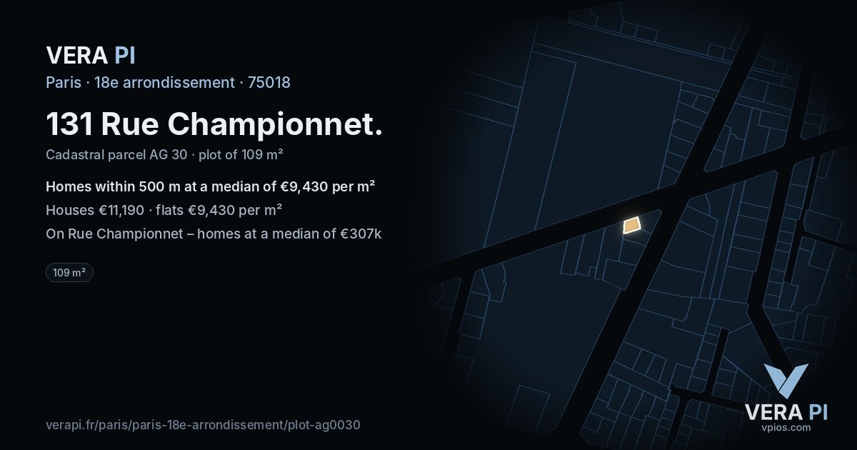131 Rue Championnet, 18e arrondissement at night – the plot lit, the parcels around coloured by the prices near them