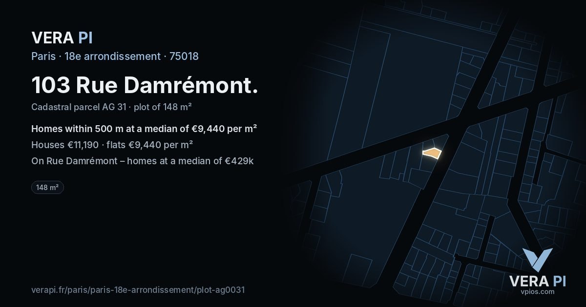 103 Rue Damrémont, 18e arrondissement at night – the plot lit, the parcels around coloured by the prices near them