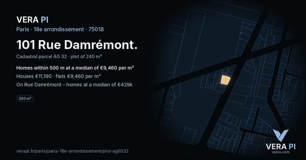 101 Rue Damrémont, 18e arrondissement at night – the plot lit, the parcels around coloured by the prices near them