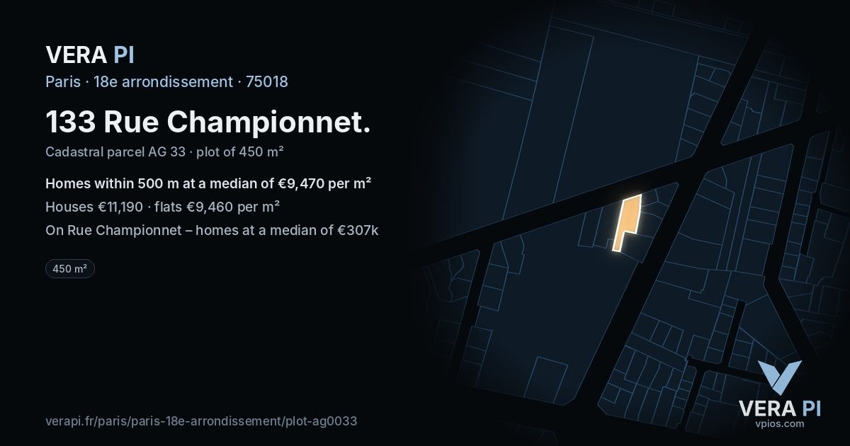 133 Rue Championnet, 18e arrondissement at night – the plot lit, the parcels around coloured by the prices near them