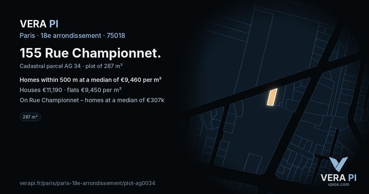 155 Rue Championnet, 18e arrondissement at night – the plot lit, the parcels around coloured by the prices near them