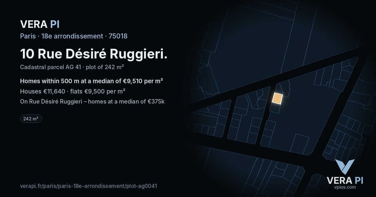 10 Rue Désiré Ruggieri, 18e arrondissement at night – the plot lit, the parcels around coloured by the prices near them