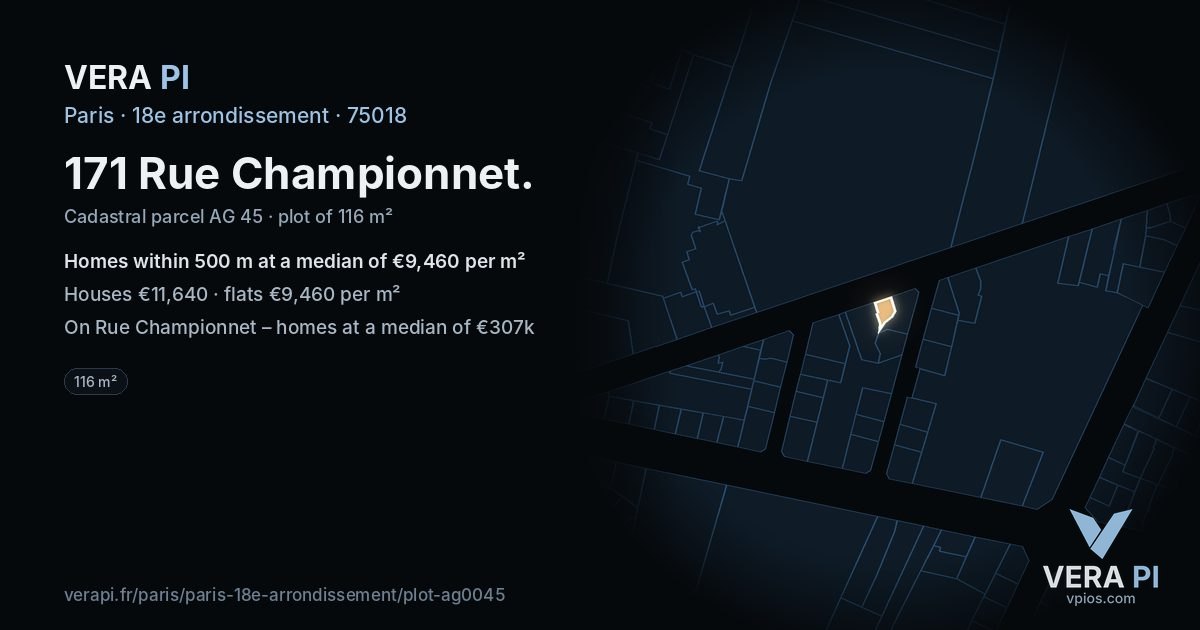 171 Rue Championnet, 18e arrondissement at night – the plot lit, the parcels around coloured by the prices near them
