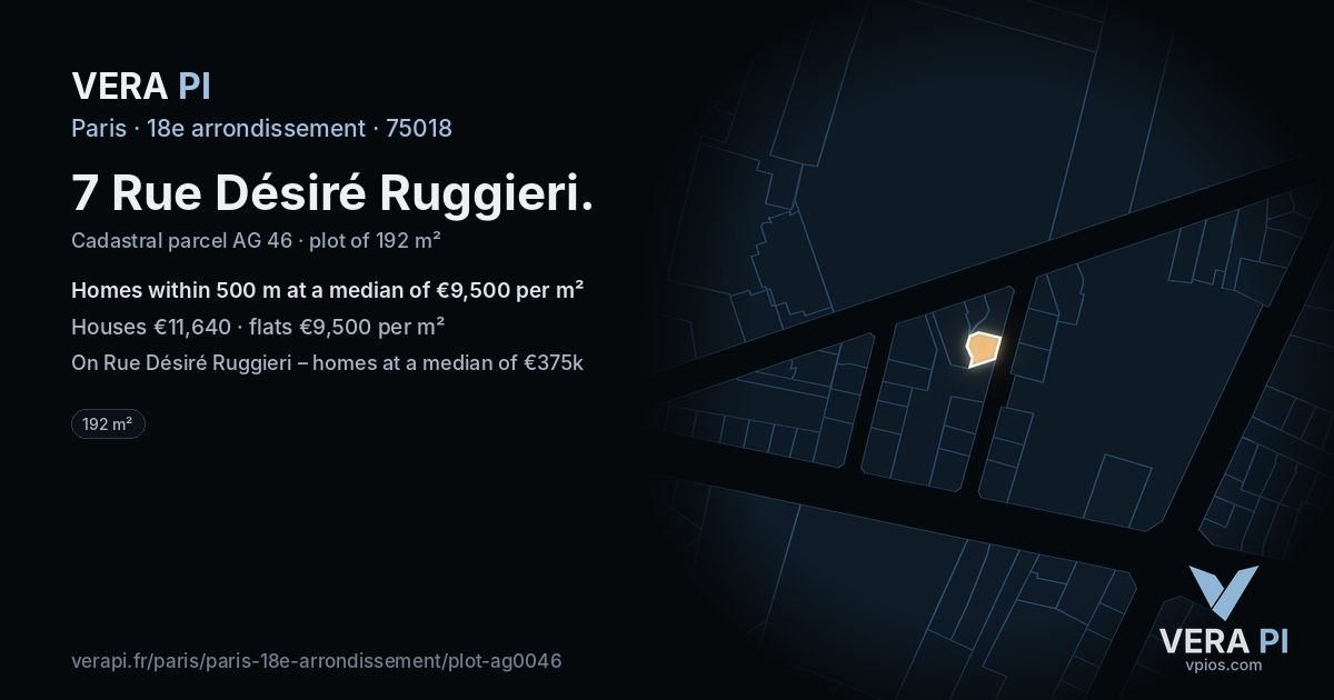 7 Rue Désiré Ruggieri, 18e arrondissement at night – the plot lit, the parcels around coloured by the prices near them