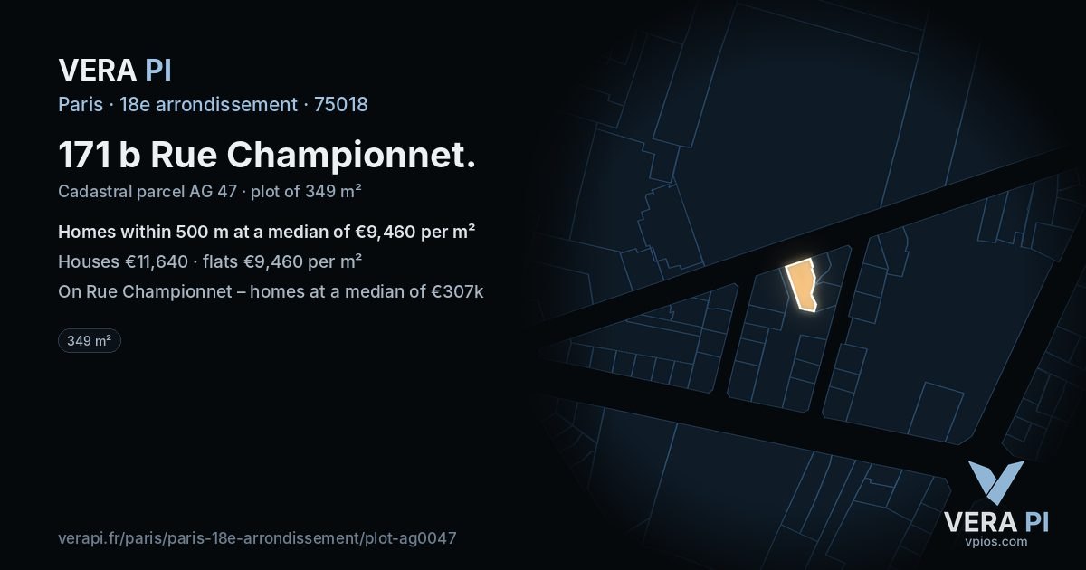 171 b Rue Championnet, 18e arrondissement at night – the plot lit, the parcels around coloured by the prices near them